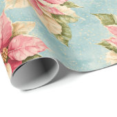  Poinsettia Bloem in Roze Blauwe Kerst Cadeaupapier (Rol Hoek)