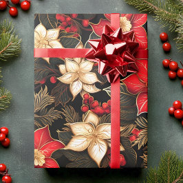 Poinsettia Bloem in zwart rood goud | Kerstmis Cadeaupapier