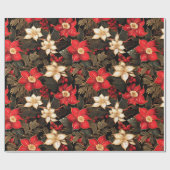 Poinsettia Bloem in zwart rood goud | Kerstmis Cadeaupapier (Vlak)