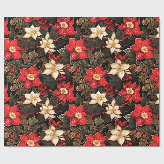 Poinsettia Bloem in zwart rood goud | Kerstmis Cadeaupapier (Vlak)