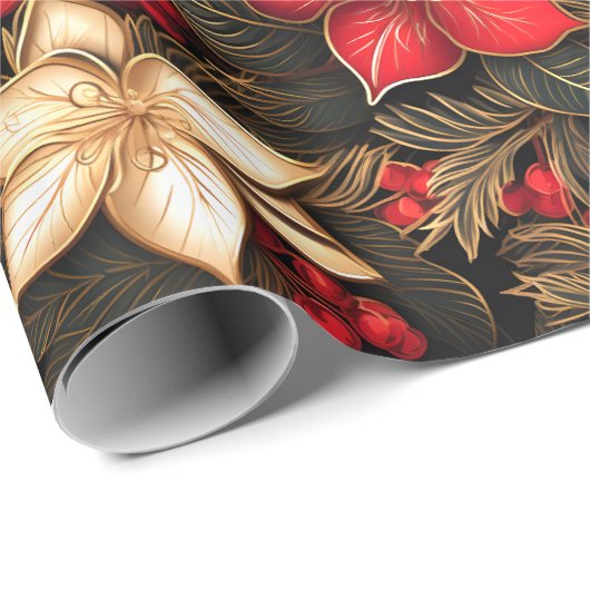 Poinsettia Bloem in zwart rood goud | Kerstmis Cadeaupapier (Rol Hoek)