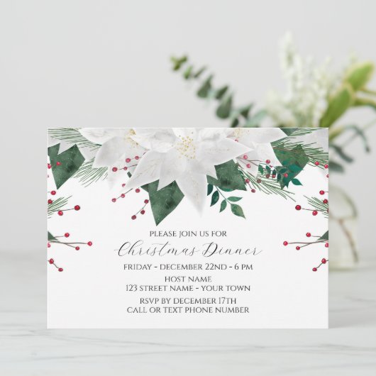 Poinsettia Bloem Kerst Dinner Uitnodiging (Staand voorkant)