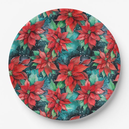 Poinsettia Bloemen Classic Kerst Bloemen Papieren Bordje (Voorkant)