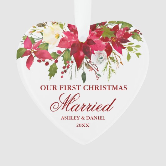 Poinsettia Bloemen Eerste Kerstmis Getrouwd Hart Ornament (voorkant)