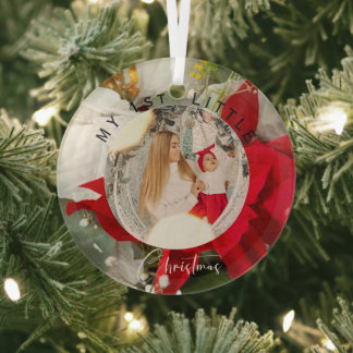 Poinsettia Bloemen Eerste Kleine Kerst Foto Glas Ornament