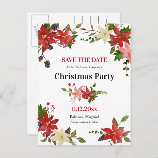 Poinsettia Bloemen Kerstfeest Bewaar de datum Aankondigingskaart (Voorkant / Achterkant)