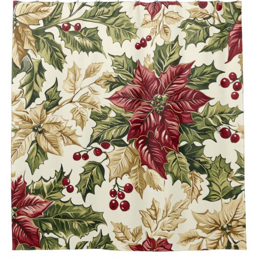 Poinsettia Bloemen Kerstpatroon (15) Douchegordijn (Voorkant)