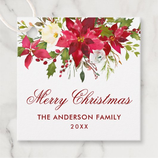 Poinsettia Bloemen Kerstplein Rood Bedankjes Labels (Voorkant)