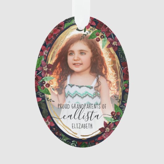 Poinsettia Bloemen Trotse Grootouders Fotonaam Ornament (voorkant)