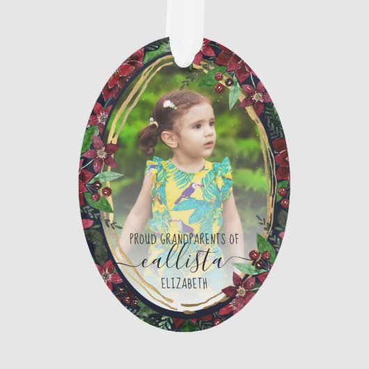 Poinsettia Bloemen Trotse Grootouders Fotonaam Ornament (achterkant)