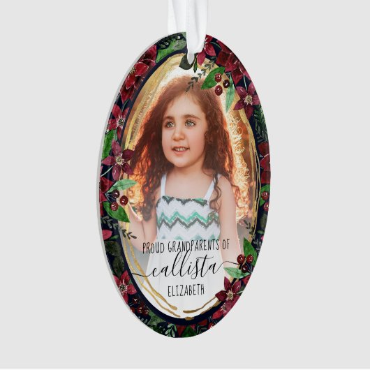 Poinsettia Bloemen Trotse Grootouders Fotonaam Ornament (voorkant)