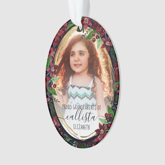 Poinsettia Bloemen Trotse Grootouders Fotonaam Ornament (voorkant)