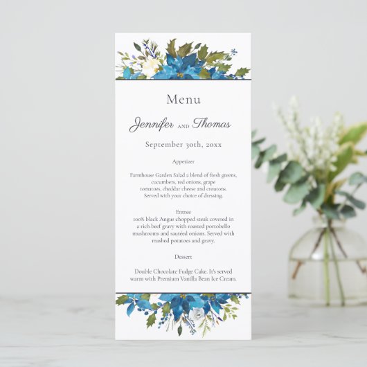 Poinsettia Bloemenbruiloft Menu | Turquoise blauw (Staand voorkant)