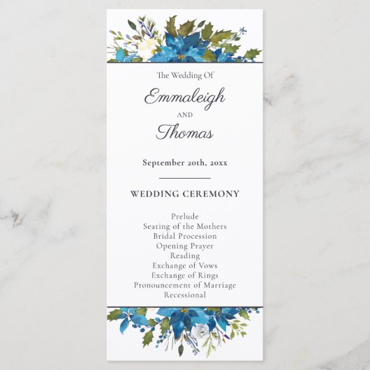 Poinsettia bloemenbruiloft | Turquoise blauw Programmakaart (Voorkant)