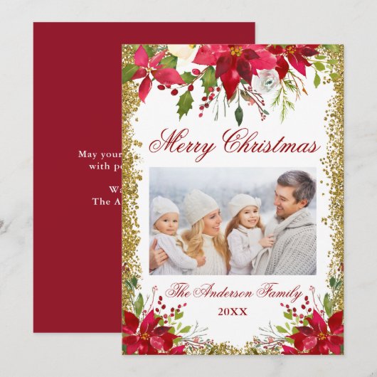 Poinsettia Bloemenfoto Glitter Kerst Kaart (Voorkant / Achterkant)