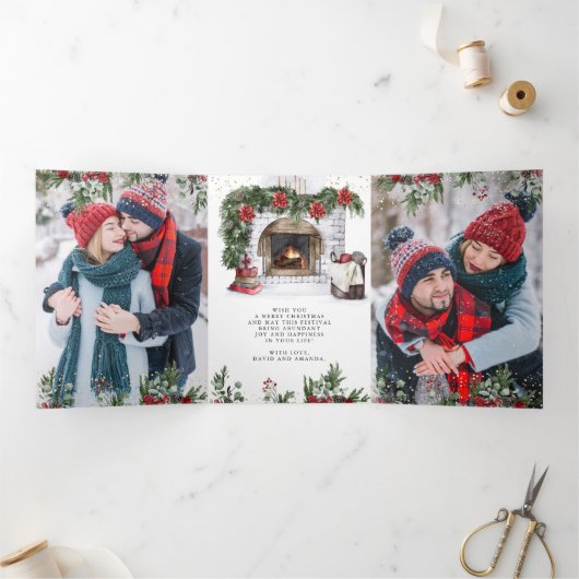 Poinsettia Bloemenhaard Foto Kerstmis Drieluik Wenskaart (Binnen)