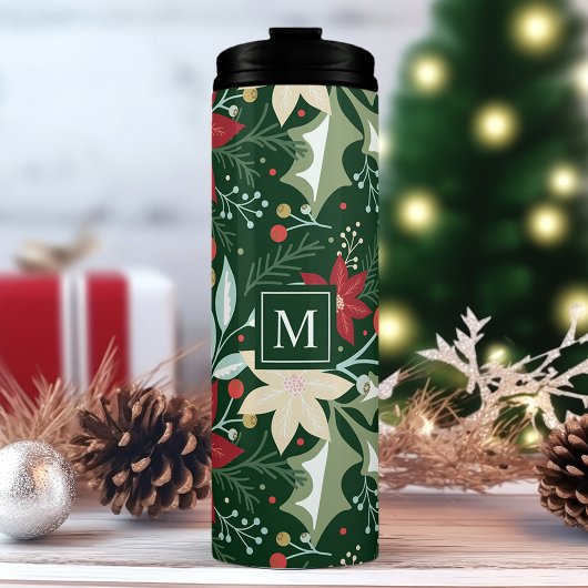Poinsettia Botanical Floral-kerstmonogram Thermosbeker
