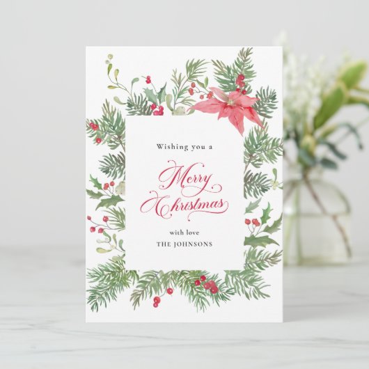 Poinsettia Botanische Rode Plaid Kerstmis Feestdagenkaart (Staand voorkant)