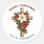 Poinsettia Bouquet Christmas Cross Ronde Sticker (Voorkant)