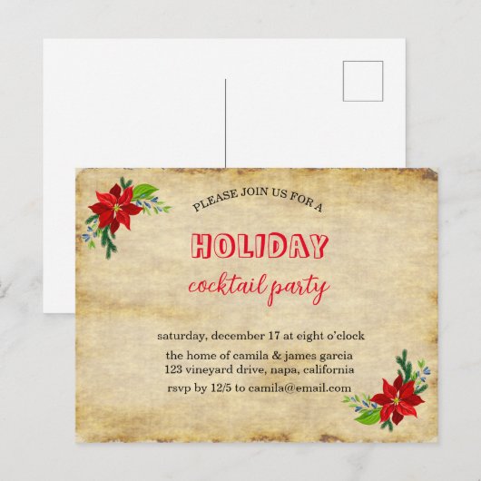 Poinsettia Bouquet, Vintage-kerstfeest Uitnodiging Briefkaart (Voorkant / Achterkant)
