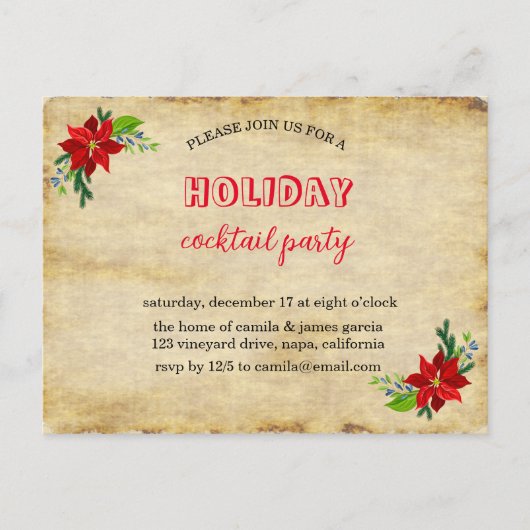 Poinsettia Bouquet, Vintage-kerstfeest Uitnodiging Briefkaart (Voorkant)