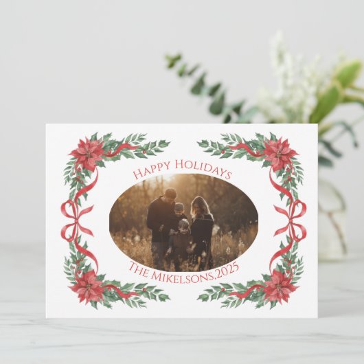 Poinsettia Bow Photo Christmas Feestdagenkaart (Staand voorkant)