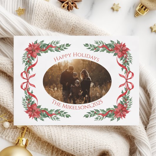 Poinsettia Bow Photo Christmas Feestdagenkaart