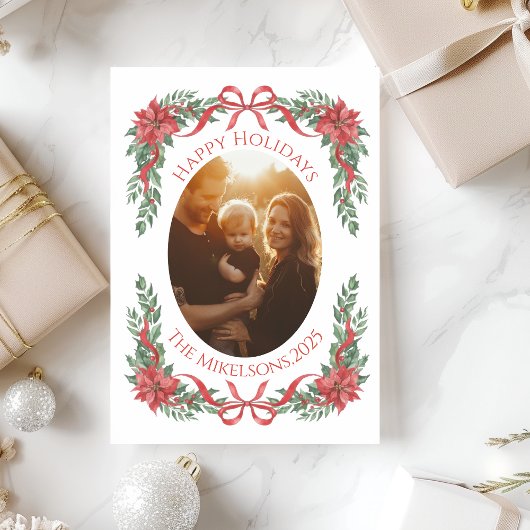 Poinsettia Bow Photo Christmas Feestdagenkaart
