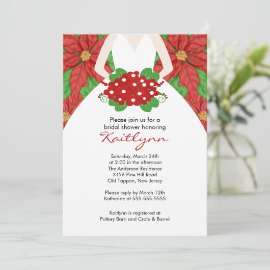 Poinsettia Bride Winter Bridal Shower Invitation Kaart (Staand voorkant)
