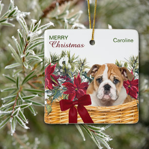Poinsettia Bulldog Puppy kerstmandje Keramisch Ornament