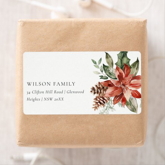 Poinsettia Bunch Merry Kerstpine Adres Etiket (Insitu)