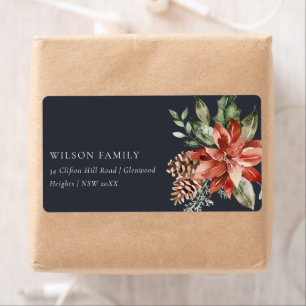 Poinsettia Bunch Navy Black Kerstpine Adres Etiket