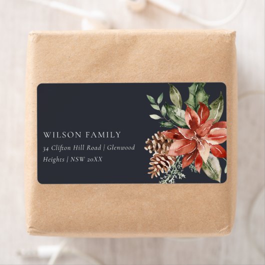 Poinsettia Bunch Navy Black Kerstpine Adres Etiket (Insitu)