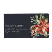 Poinsettia Bunch Navy Black Kerstpine Adres Etiket (Voorkant)