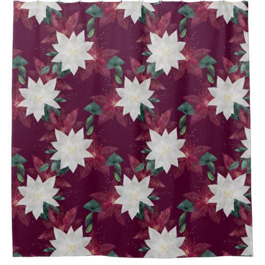 Poinsettia Burgundy en Blauwgroen Winter Holiday F Douchegordijn (Voorkant)