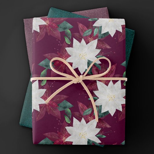 Poinsettia Burgundy en Blauwgroen Winter Holiday F Inpakpapier Vel