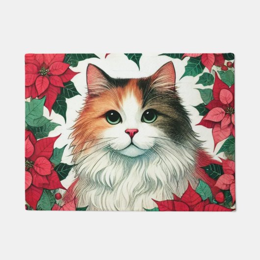 Poinsettia Calico Cat Christmas Deurmat (Voorkant)
