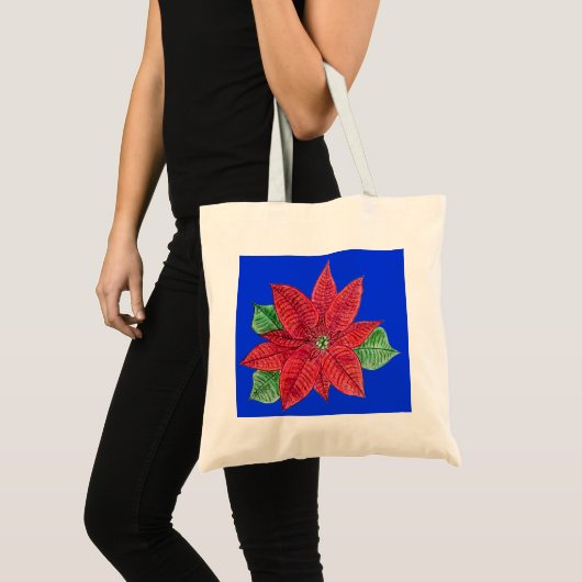 Poinsettia Canvas tas, blauwe achtergrond Tote Bag (Voorkant (product))