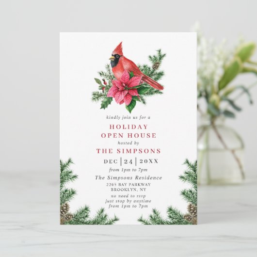 Poinsettia & Cardinaal kerstfeest Open House Kaart (Staand voorkant)