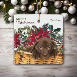 Poinsettia Chocolate Labrador kerstmandje Keramisch Ornament