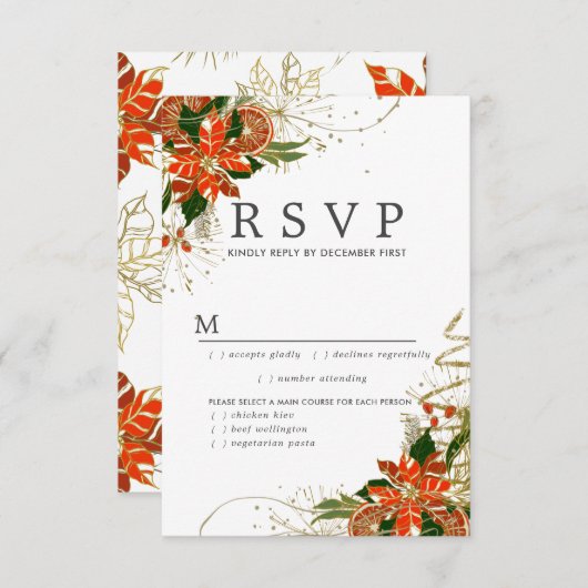 Poinsettia Citrus Gold kerstbruiloft RSVP-Kaart RSVP Kaartje (Voorkant / Achterkant)