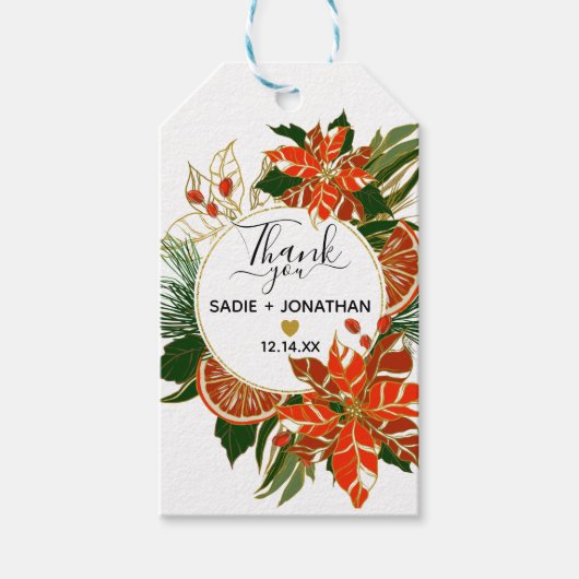 Poinsettia Citrus Gold Winter Wedding Cadeaulabel (Voorkant)