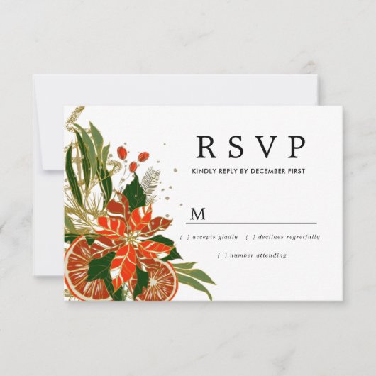 Poinsettia Citrus Gold Winter Wedding RSVP (Voorkant)
