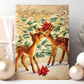  Poinsettia Deer in sneeuwkerst Feestdagen Kaart
