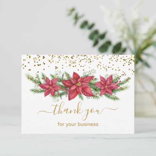 Poinsettia, dennen, gouden kerstmis bedankkaart (Staand voorkant)
