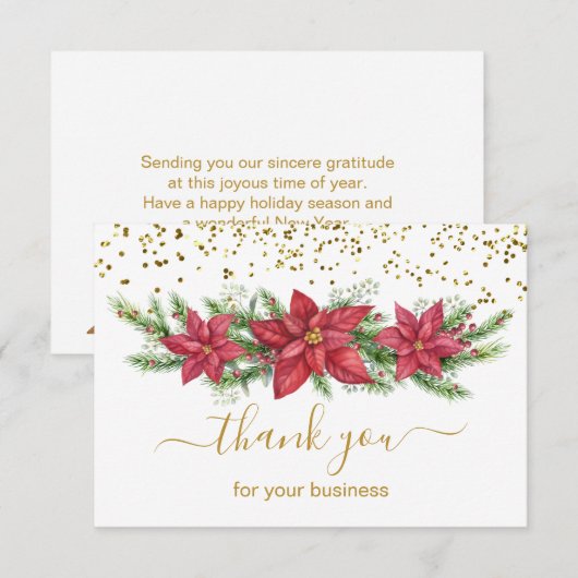 Poinsettia, dennen, gouden kerstmis bedankkaart (Voorkant / Achterkant)