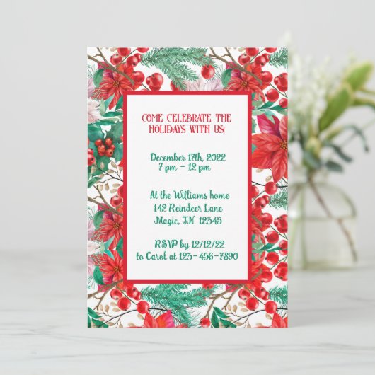 Poinsettia, Dennentakken en Rode Bessen  Kaart (Staand voorkant)