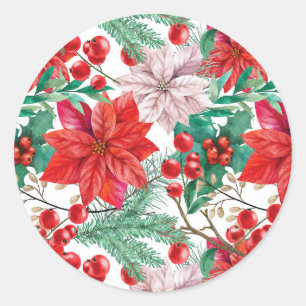 Poinsettia, dennentakken en rode bessen    ronde sticker