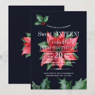 Poinsettia donkerblauw rood groen sweet sixteen kaart
