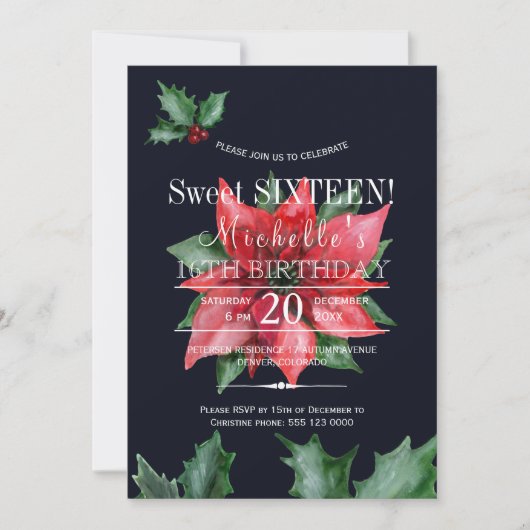 Poinsettia donkerblauw rood groen zoet zestien kaart (Voorkant)